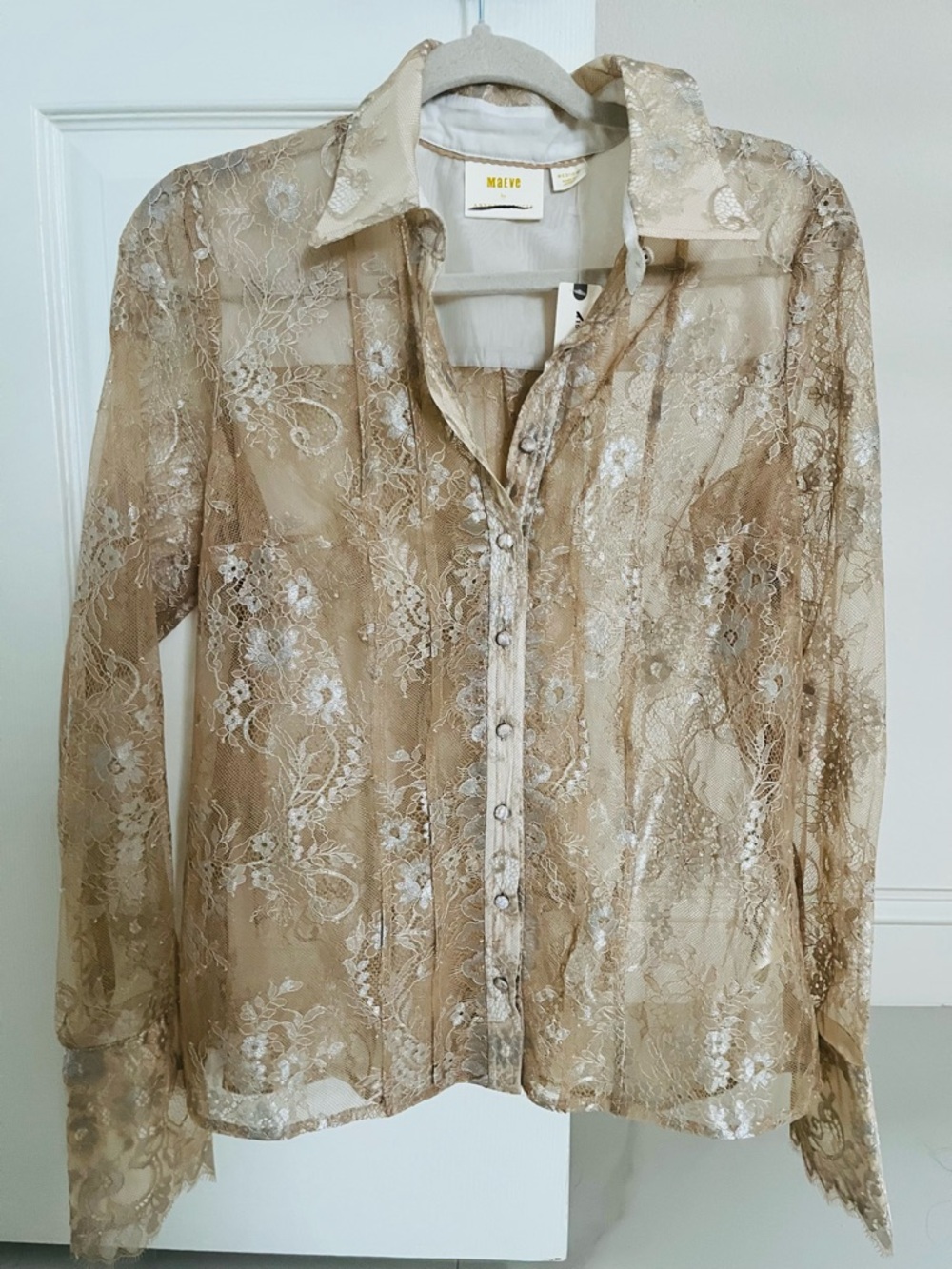 Maeve Anthropologie Sheer Lace Button-Down Shirt in Beige